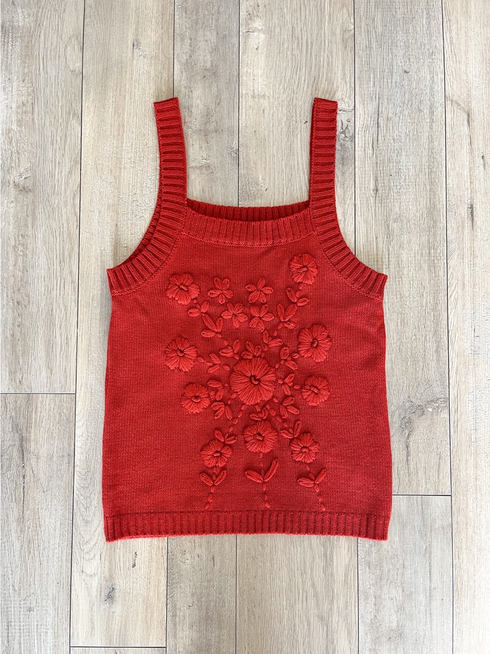 Entro Rust Red Floral Embroidered Knit Sweater Tank Top - Size S